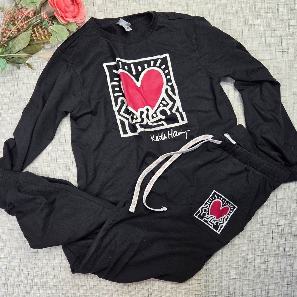 Keith Haring Womens Black Heart Graphic Sweatshirt and Joggers Set Small